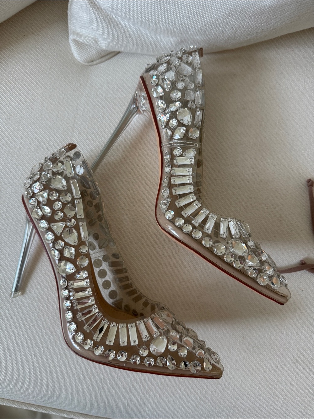 Crystal-Embellished Clear Stiletto Heels in Silver Accents